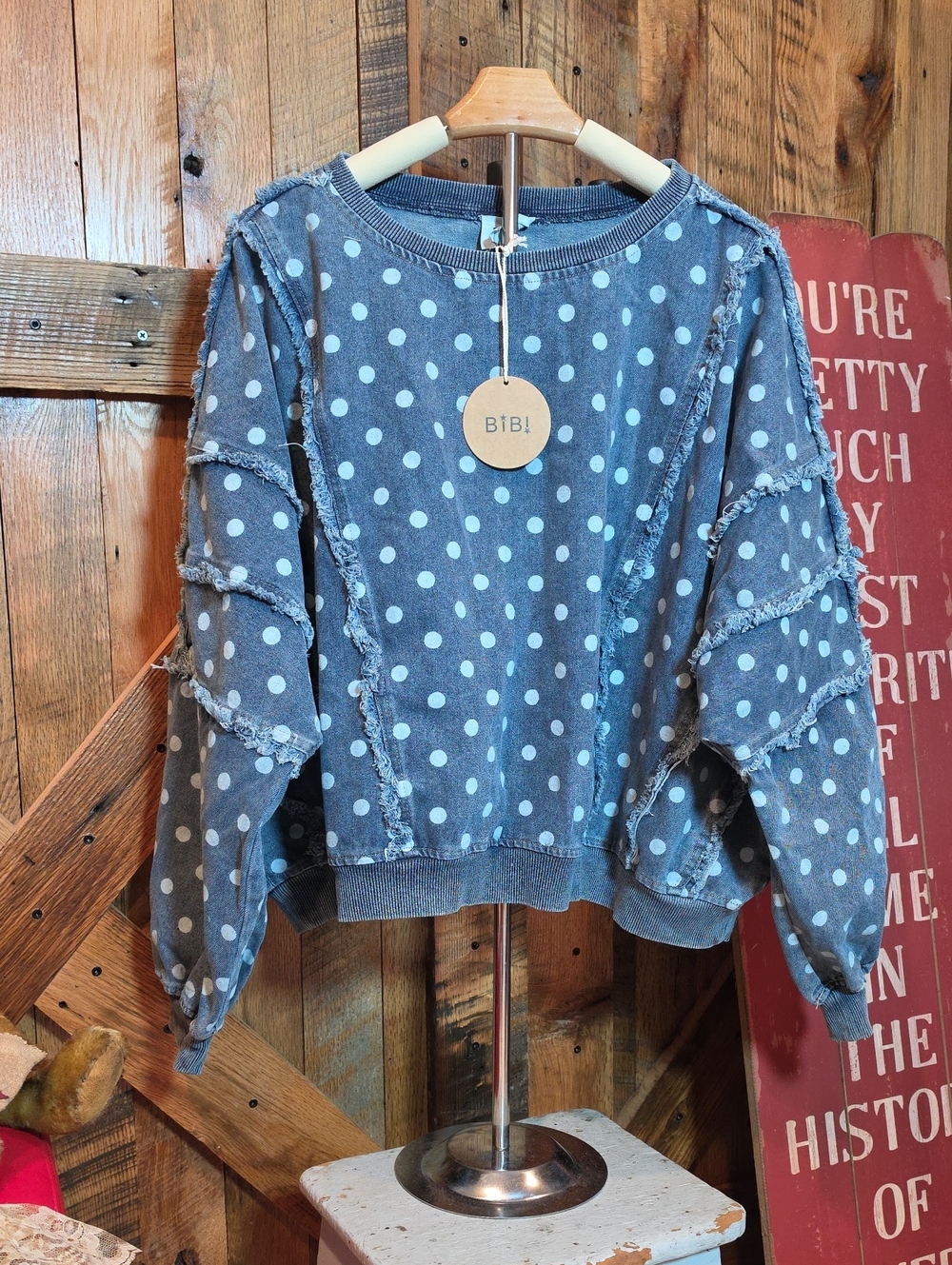 199p BiBi Faded Blue Polka Dot Fringe Denim Pullover